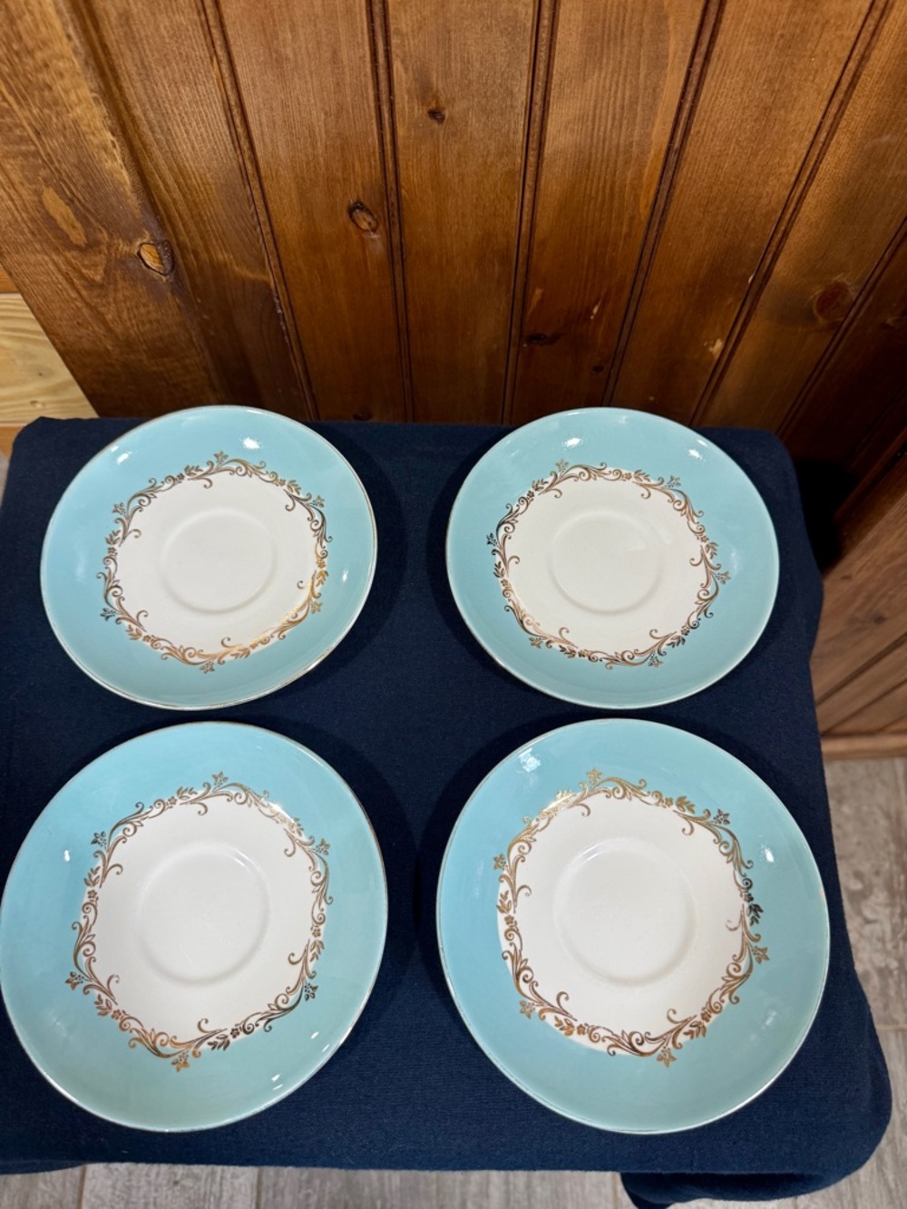Vintage Lifetime China Gold Crown Aqua and Gold Saucers- Set of 4